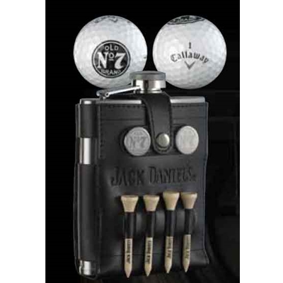Jack Daniels Stainless-Leather Flask with Golf Balls and Tools 8513